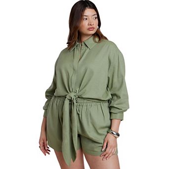 ELOQUII Women's Plus Size Waist Tie Linen Button Up Shirt