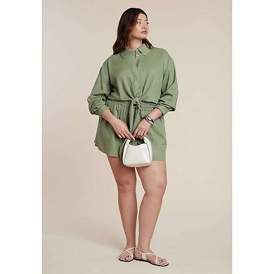 ELOQUII Women's Plus Size Waist Tie Linen Button Up Shirt