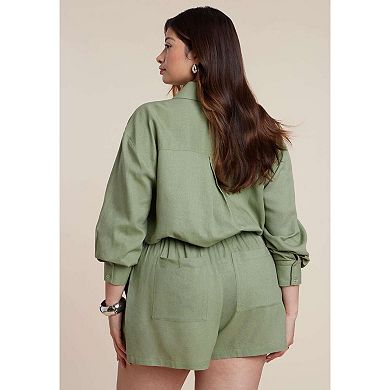 ELOQUII Women's Plus Size Waist Tie Linen Button Up Shirt