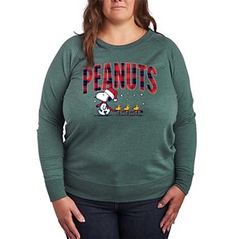 Plus Size Peanuts Snoopy & Woodstock Christmas Plaid Logo French Terry Long Sleeve Tee