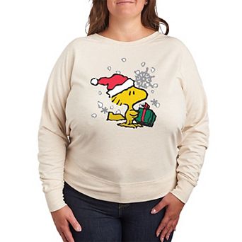 Plus Size Peanuts Woodstock Christmas Present French Terry Long Sleeve Tee