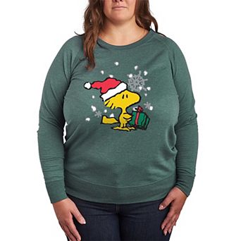 Plus Size Peanuts Woodstock Christmas Present French Terry Long Sleeve Tee
