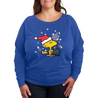 Plus Size Peanuts Woodstock Christmas Present French Terry Long Sleeve Tee