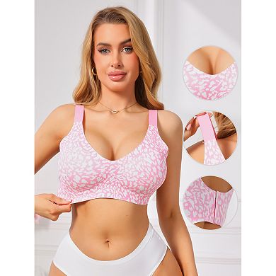 Women's Leopard Print Deep V Bra Wireless Seamless Fixed Padding Soft Comfort Bralette