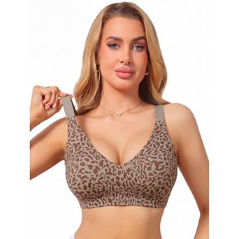Women's Leopard Print Deep V Bra Wireless Seamless Fixed Padding Soft Comfort Bralette
