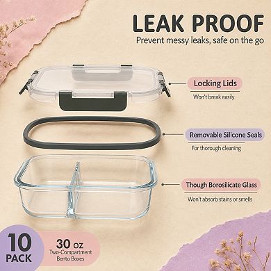 10 Pack 30 Oz 2 Compartment Airtight Glass Meal Prep Containers Microwave Safe