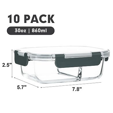 10 Pack 30 Oz 2 Compartment Airtight Glass Meal Prep Containers Microwave Safe