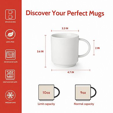 10 Oz Stackable Porcelain Mug Set Of 6 With Handle For Coffee Tea