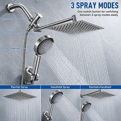 10 Inch Dual Shower Head Set With Adjustable Extension Arm And Long Hose
