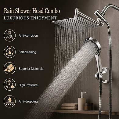 10 Inch Dual Shower Head Set With Adjustable Extension Arm And Long Hose