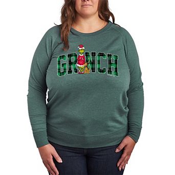 Plus Size Dr. Seuss The Grinch Christmas Plaid Logo French Terry Long Sleeve Tee