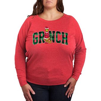 Plus Size Dr. Seuss The Grinch Christmas Plaid Logo French Terry Long Sleeve Tee