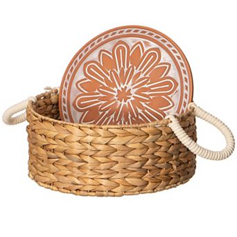 Vintiquewise Handwoven Wicker Bread Basket with Terracotta Stone Warmer & Rope Handles