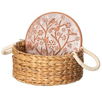 Vintiquewise Handwoven Wicker Bread Basket with Terracotta Stone Warmer & Rope Handles