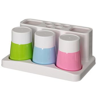 Toothbrush Holder Countertop Organizer with 5 Brush Holes 2 Toothpaste Slots and 3 Colors Rinse Cups