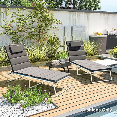 Patio Chaise Lounge Cushion with Headrest Pillow and Secure Tie Down Straps