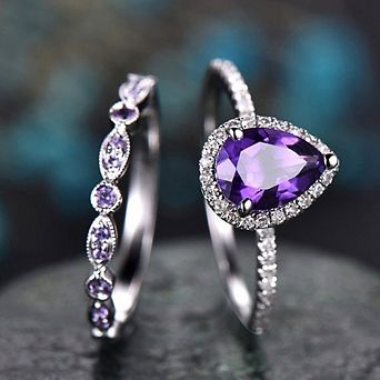 2 pc Women's Ring Set with Pear-Cut Purple Cubic Zirconia