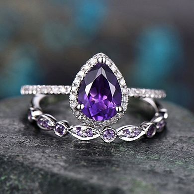 2-Piece Women's Ring Set with Pear-Cut Purple Cubic Zirconia
