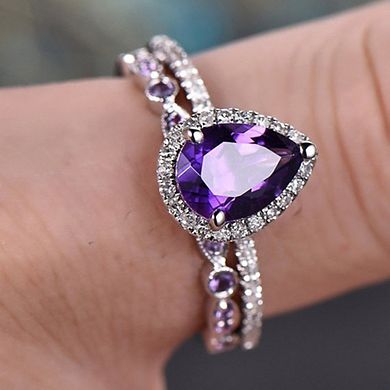 2-Piece Women's Ring Set with Pear-Cut Purple Cubic Zirconia