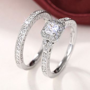 2 pc 925 Plated Silver Bridal Rings Sets