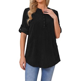 Women's Casual Corduroy Button Down Shirts Roll Up Sleeve V Neck Dressy Pullover Loose Blouses Tops