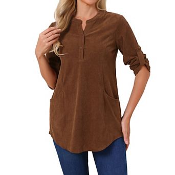 Women's Casual Corduroy Button Down Shirts Roll Up Sleeve V Neck Dressy Pullover Loose Blouses Tops