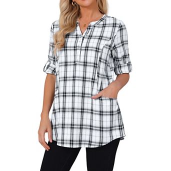 Women's Plaid Shirts Roll Up 3/4 Sleeve Loose Tunic Top V Neck Dressy Casual Cotton Blouse