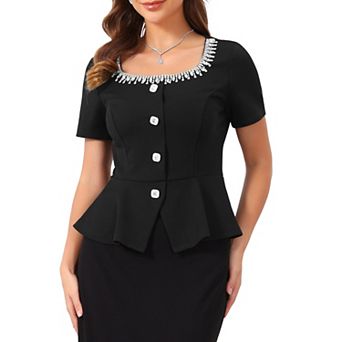 Women's Peplum Top Square Neck for Evening Short Sleeve Sparkly Beaded Rhinestones Formal Blouse