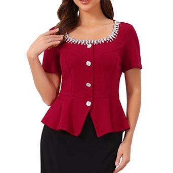 Women's Peplum Top Square Neck for Evening Short Sleeve Sparkly Beaded Rhinestones Formal Blouse