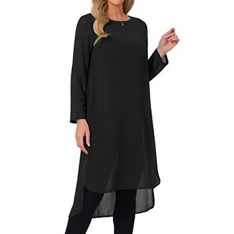 Women's High Low Tops Scoop Neck Chiffon Blouse Asymmetrical Loose Shirt Long Sleeve Side Split Tops