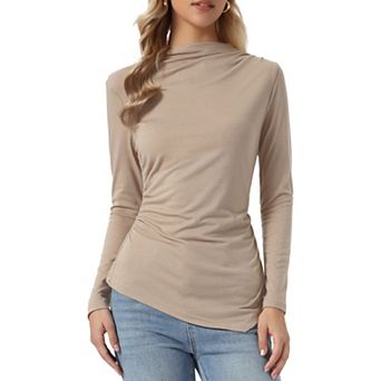 Pleated Top for Women's Mock Neck Long Sleeves Cozy Fitted Tops