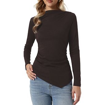 Pleated Top for Women's Mock Neck Long Sleeves Cozy Fitted Tops