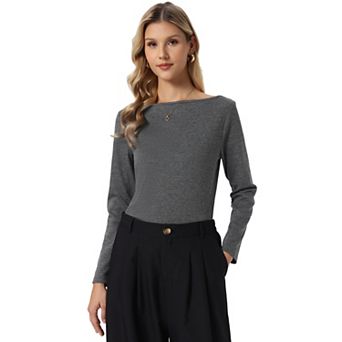 Boat Neck Top for Women's Casual Long Sleeves Color Block Cozy Fitted T Shirt