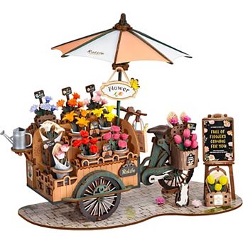 Rolife Miniature 3D Wooden Blossom Flower Cart Puzzle for Adults, Model Building Kit