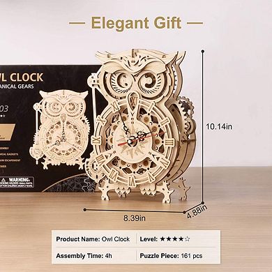 ROKR 3D Wooden Puzzles for Adults Owl Clock - Mechanical Model Building Kit - 161pcs