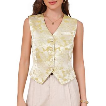 Vintage Vest for Women's V Neck Button Down Steampunk Victorian Jacquard Suit Waistcoat