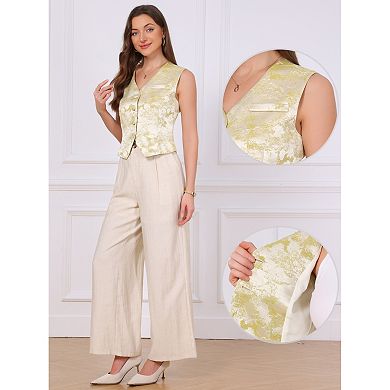 Vintage Vest for Women's V Neck Button Down Steampunk Victorian Jacquard Suit Waistcoat