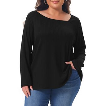 Women's Plus Size Tops Long Sleeve Asymmetrical Neckline Soft Tunic Casual Shirts Ribbed Blouses