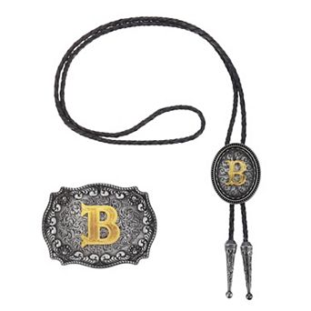 Western Cowboy Bolo Tie and Belt Buckle Set, Golden Cowhide Rope Necktie for Costume Accessories