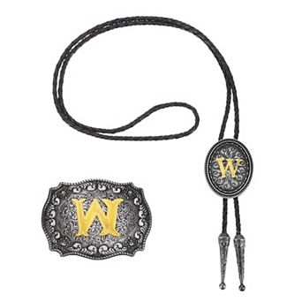 Western Cowboy Bolo Tie and Belt Buckle Set, Golden Cowhide Rope Necktie for Costume Accessories