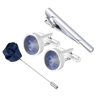 Cufflinks Ties Clip Lapel Pin Set, Rhinestones Men Cufflinks Necktie Clips and Brooch with Gift Box