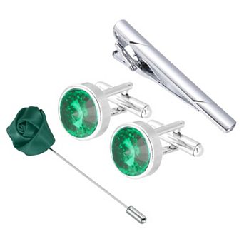 Cufflinks Ties Clip Lapel Pin Set, Rhinestones Men Cufflinks Necktie Clips and Brooch with Gift Box