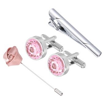 Cufflinks Ties Clip Lapel Pin Set, Rhinestones Men Cufflinks Necktie Clips and Brooch with Gift Box