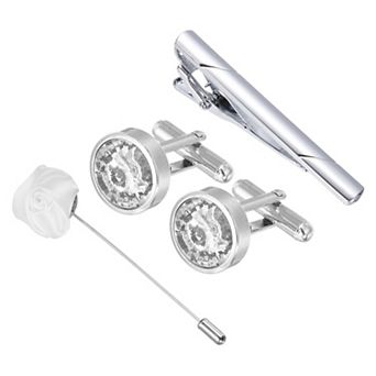 Cufflinks Ties Clip Lapel Pin Set, Rhinestones Men Cufflinks Necktie Clips and Brooch with Gift Box
