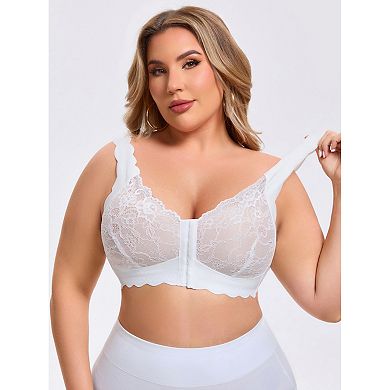 Women's Front Closure Lace Bra Deep U Wire-Free Full Coverage Floral Scalloped Bralette