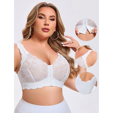 Women's Front Closure Lace Bra Deep U Wire-Free Full Coverage Floral Scalloped Bralette