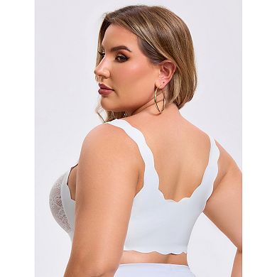 Women's Front Closure Lace Bra Deep U Wire-Free Full Coverage Floral Scalloped Bralette