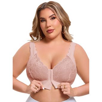 Women's Front Closure Lace Bra Deep U Wire-Free Full Coverage Floral Scalloped Bralette
