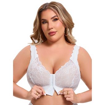 Women's Front Closure Lace Bra Deep U Wire-Free Full Coverage Floral Scalloped Bralette