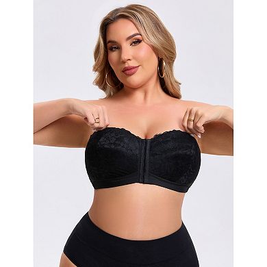 Women's Lace Tube Front Closure Push Up Padded Underwire Bandeau Convertible Strapless Bras